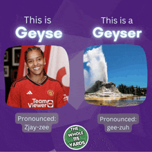 a picture of a woman in a red jersey and a picture of a geyser