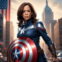 a woman dressed as captain america holds a shield