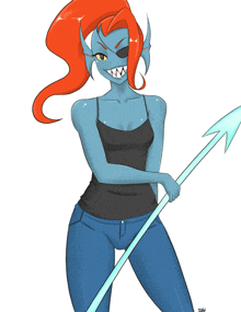 a drawing of a woman with a red hair holding a long stick