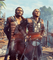 two men standing next to each other with one holding a sword and the other holding a cane