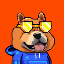 pixel art of a dog wearing sunglasses and a blue hoodie