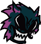 a cartoon drawing of a monster with sharp teeth and a purple and black hair .