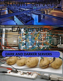 a collage of pictures with the words steam servers and dark and darker servers