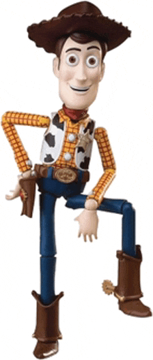 a toy story woody doll is kneeling down