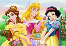 a cartoon of three princesses holding baskets of eggs