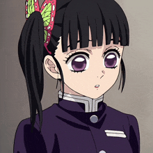 a girl with purple eyes and a ponytail has a flower in her hair