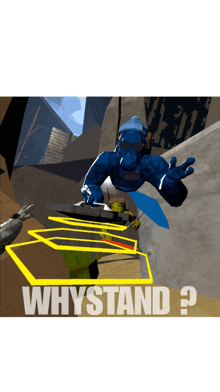 a video game character is flying through the air with whystand written below him