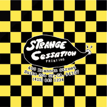 the logo for strange cessation printing is on a yellow and black checkered background