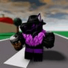 a black and purple monster is walking down a road holding a basket .