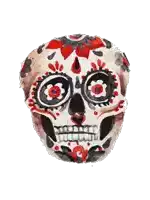 a day of the dead skull with red eyes and flowers