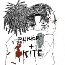 a black and white drawing of a person holding a gun with the words purrk + kite written on the bottom