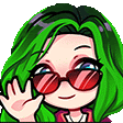 a cartoon girl with green hair is wearing sunglasses and waving .