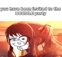 a picture of a girl with the words " you have been invited to the doodle party " on the bottom