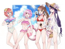 a group of anime girls in bikinis are standing next to each other on the beach .