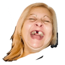 a woman with missing teeth is making a funny face