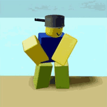 a roblox character is standing on a beach wearing a hat and a blue shirt .