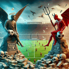 a statue of an angel and a statue of a devil sitting on a pile of money in front of a soccer field