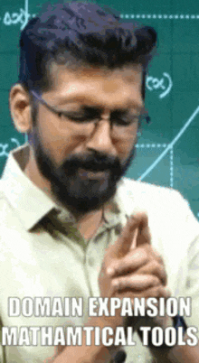 a man with glasses and a beard is standing in front of a chalkboard with math equations on it ..