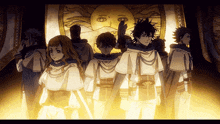 a group of anime characters stand in front of a sun