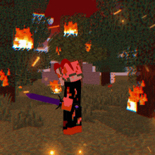 a minecraft character holding a purple sword in a forest