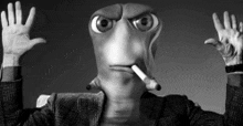 a black and white photo of a cartoon character smoking a cigarette .