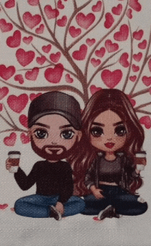 a cartoon of a man and a woman sitting under a tree with hearts on it