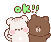 a brown bear and a white bear are standing next to each other with the word ok written above them