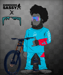 a cartoon drawing of a bigfoot holding a bike with the words shredding sassy x on the bottom