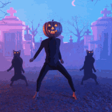 a man with a pumpkin on his head is dancing in a cemetery