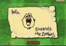 a paper with a drawing of a monster and the words " sincerely the zombies " written on it