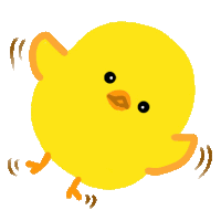 a yellow chick with black eyes and orange feet is dancing on a white background