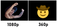 a 1080p image of a man and a 360p image of a smiling face with a cowboy hat