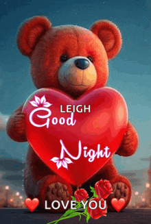 a teddy bear holding a red heart that says good night love you