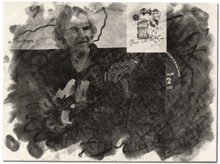 a black and white photo of a man playing a guitar with the words guitars on the bottom right corner