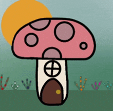 a cartoon drawing of a mushroom with circles on it and a door