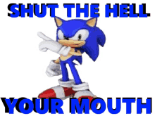 a picture of sonic the hedgehog with the words shut the hell your mouth below him