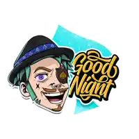 a cartoon illustration of a man with purple eyes and a hat that says " good night "