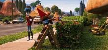 a boy with blue hair is walking down a sidewalk next to a wooden bench with a stuffed animal on it .