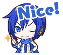 a cartoon character with blue hair and headphones is giving a thumbs up and saying nice .