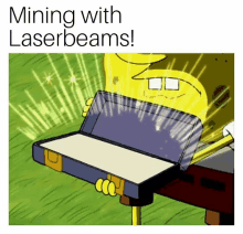 a cartoon of spongebob holding a briefcase that says mining with laserbeams