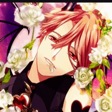 a man with red hair is surrounded by white roses and has a heart in his mouth