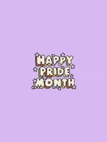 a purple background with the words happy pride month written in colorful letters