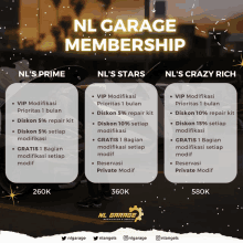 an advertisement for nl garage membership shows three levels