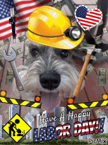 a picture of a dog wearing a hard hat and holding a hammer with the words have a happy labor day