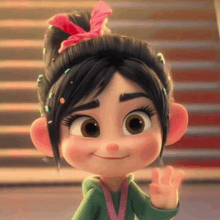 a close up of a cartoon character from wreck it ralph waving at the camera .