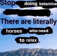 a poster that says stop doing ketamine and there are literally horses who need to relax