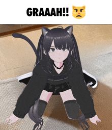 a girl with a cat ear is kneeling down under a sign that says graaah !!