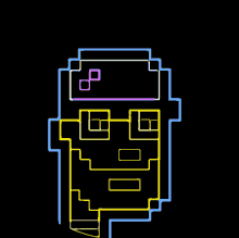 a pixel art drawing of a face with a purple square on the top