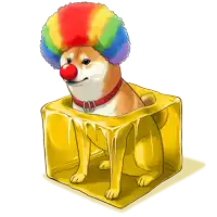 a dog with a clown wig and red nose is sitting in a yellow cube