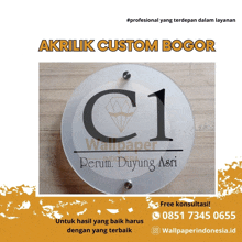 a sign that says acrylic custom bogor with the number c1 on it